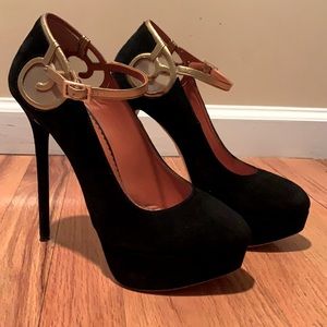 Charlotte Olympia black and gold platform heels